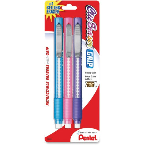 Pentel  Clic Retractable Eraser,Refillable,TRN Barrel,3/PK,AST