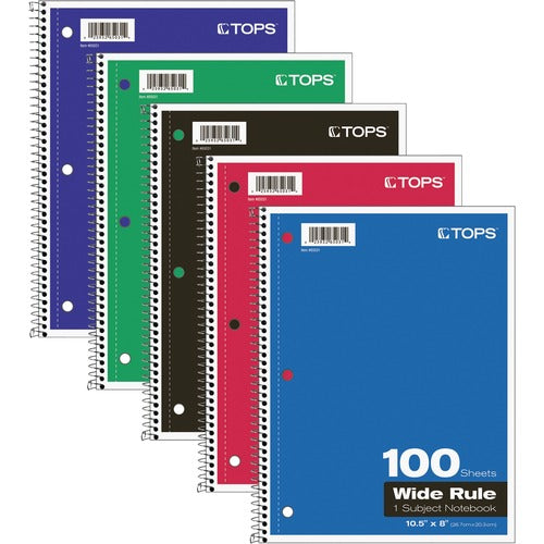 Tops  Notebooks,Wire-bound,Wide Rld,100 Shts,8"x10-1/2",AST