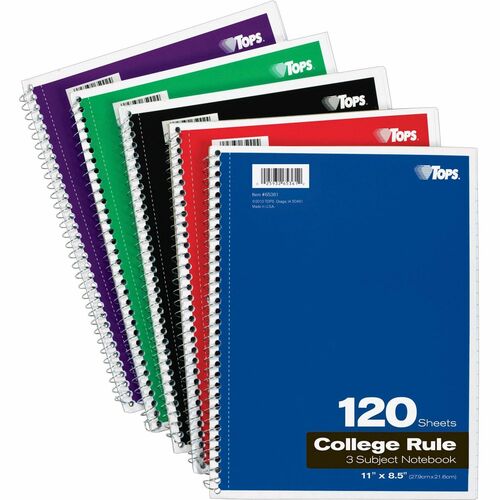 Tops  3-Subject Notebooks, Collg Ruled, 11"x8-1/2", 120 Shts, Ast