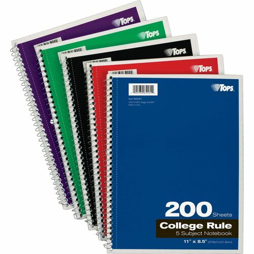 Tops  5-subject Notebooks, Collg Ruled, 11"x8-1/2", 200 Shts, Ast