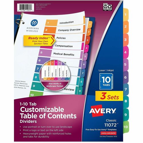 Avery  Ready Index Dividers,TOC,10-Tab,3HP,8-1/2"x11",36/CT,MI