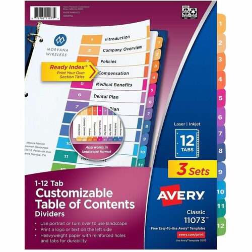 Avery  Ready Index Dividers,TOC,1-12 Tab,3HP,8-1/2"x11",8Sets/CT,MI