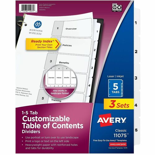 Avery  Index Dividers, 1-5 Tab, 8-1/2"x11", 3ST/PK, 12PK/CT, BK/WE