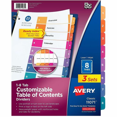 Avery  Ready Index Dividers,TOC,8-Tab,3HP,8-1/2"x11",3/PK,12/CT,MI