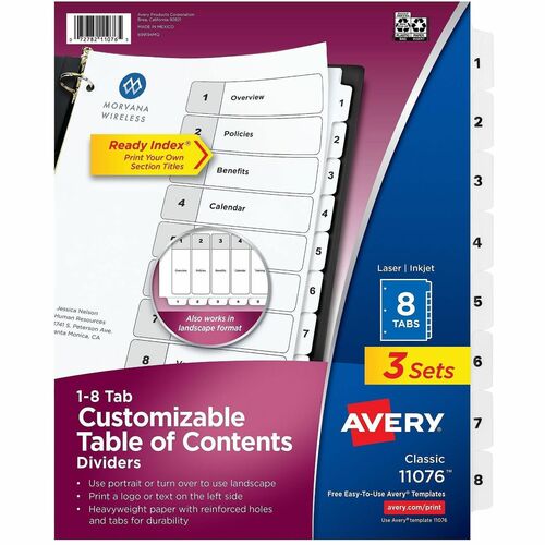 Avery  Index Dividers,1-8 Tab, 8-1/2"x11", 3ST/PK,12PK/CT,BK/WE
