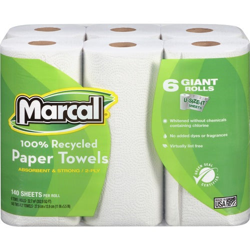 Marcal Paper Mills, Inc  Paper Towels, 2-Ply, 140 Sheets/Roll, 6 Rolls/PK, White
