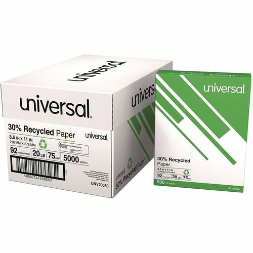 Universal  30% Recycled Copy Paper, 92 Bright, 20 lb Bond Weight, 8.5 x 11, White, 500 Sheets/Ream, 10 Reams/Carton