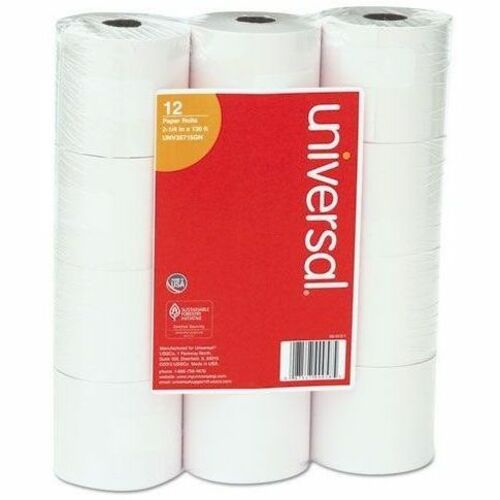 Universal  Impact and Inkjet Print Bond Paper Rolls, 0.5" Core, 2.25" x 130 ft, White, 12/Pack