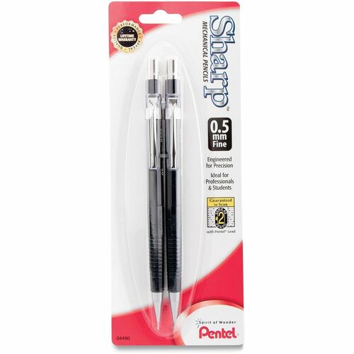 Pentel  Sharp Mechanical Pencil, 0.5 mm, HB (#2), Black Lead, Black Barrel, 2/Pack