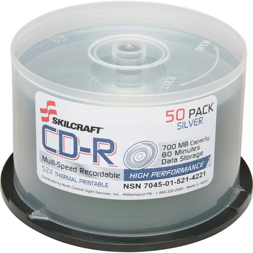 SKILCRAFT  Recordable CD, 700MB, 52X/80min Cap, 50/PK, Spindle/Silver