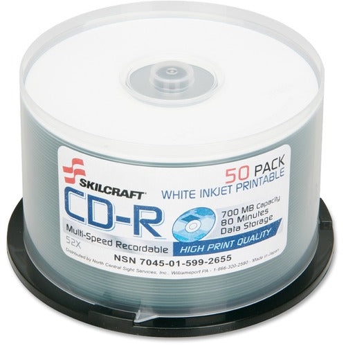 SKILCRAFT  Recordable CD, 52X/80 min.,700MB Cap, 50/Spindle, White