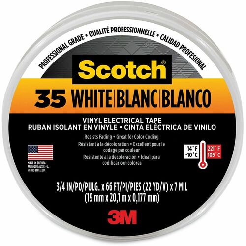 3M  Scotch 35 Vinyl Electrical Color Coding Tape, 3" Core, 0.75" x 66 ft, White