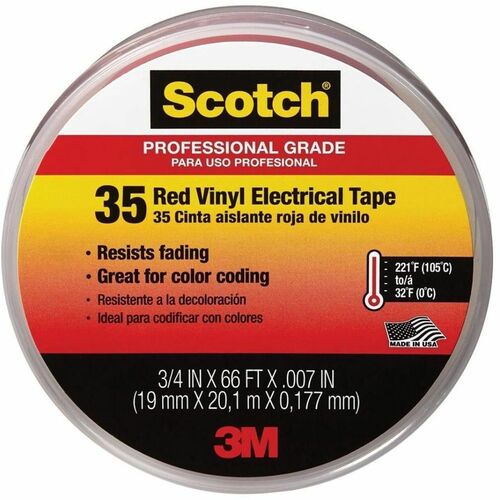 3M  Scotch 35 Vinyl Electrical Color Coding Tape, 3" Core, 0.75" x 66 ft, Red