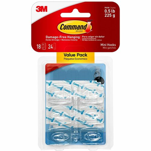3M  Mini Hooks w/Adhesive Strip, 18/PK, Clear