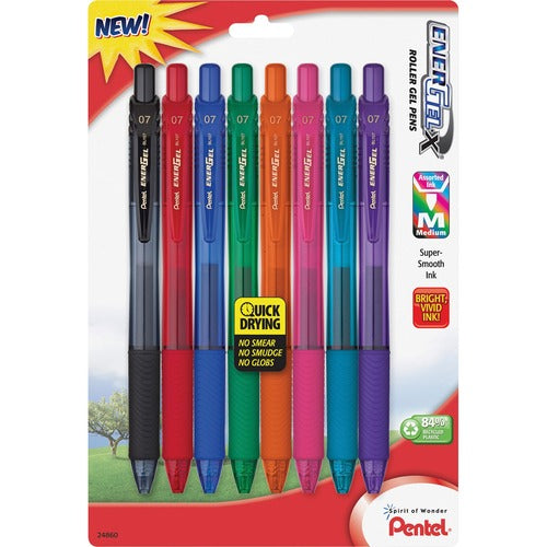 Pentel  Gel Pens, Retractable, .7mm, 8/PK, Assorted Barrel/Ink