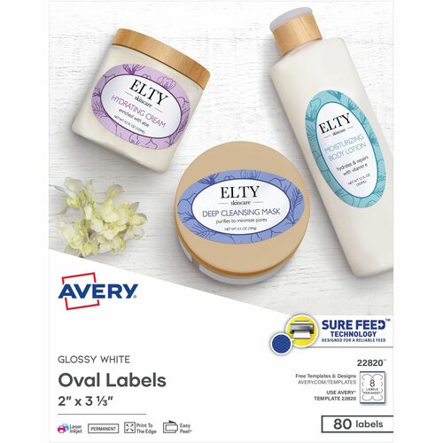 Avery  Labels, Oval, 2"x3-1/3", 80/PK, Glossy/White