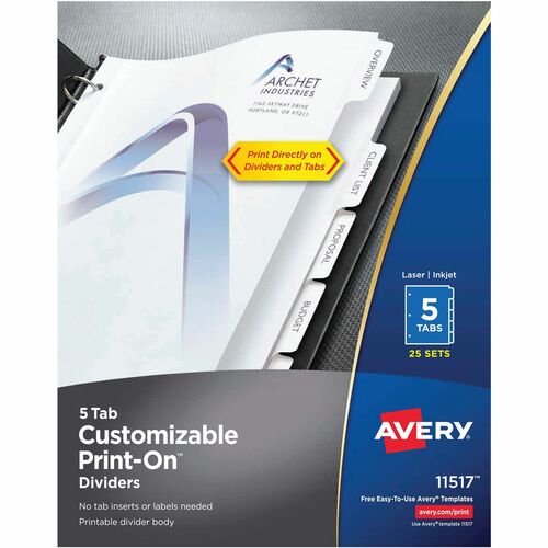 Avery  Print-On Dividers, 8-1/2"x11", 5Tab Sets, 25/BX, White