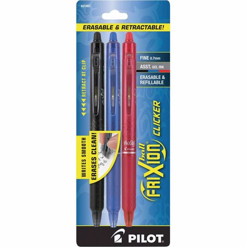 Pilot  Gel Pens,Erasable,Retractable,0.7mm, 3/PK, AST Ink/Barrel