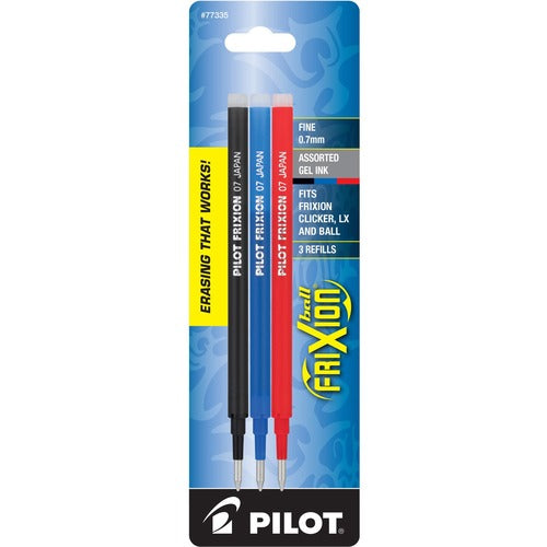 Pilot  Gel Pen Refills, f/FriXion, 0.7mm, Med Pt, 3/PK, Ast Ink