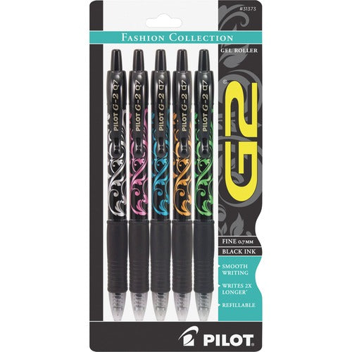 Pilot  Gel Roller Pens, Retract, .7mm, 5/PK, AST Barrel/BK Ink
