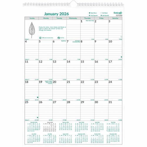 Rediform  Wall Calendar,Monthly,Jan-Dec,12"x17",White/Green