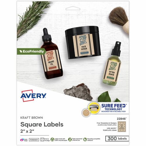 Avery  Square labels, Adhesive, 2", 300/PK, Kraft