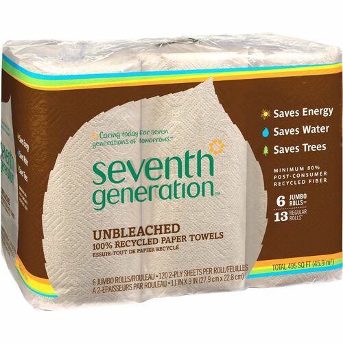 Seventh Generation  Jumbo Paper Towel, 2-Ply, 120Shts/Roll, 6RL/PK, Natural