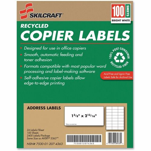 SKILCRAFT  Copier Address Labels, Recycled, 1-3/8"x2-13/16",100/BX, WE
