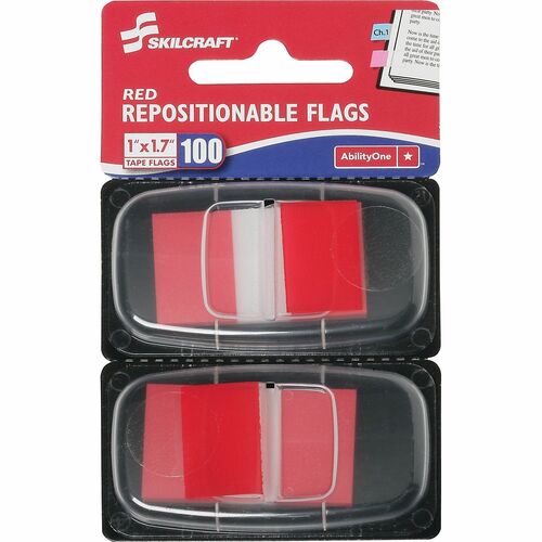 SKILCRAFT  Self Stick Flags, Repositionable, 1"x1-3/4", 100/PK, Red
