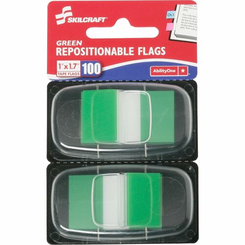 SKILCRAFT  Self Stick Flags, Repositionable,1"x1-3/4",100/PK,Green