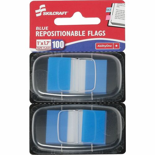 SKILCRAFT  Self Stick Flags, Repositionable, 1"x1-3/4", 100/PK, Blue