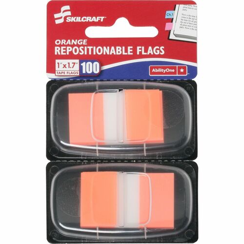 SKILCRAFT  Self Stick Flags, Repositionable, 1"x1-3/4", 100/PK, Orange
