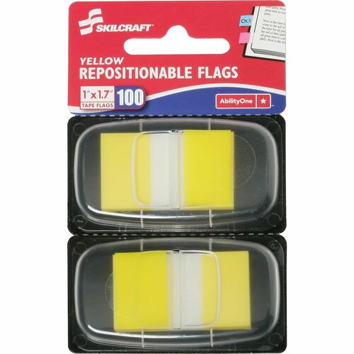 SKILCRAFT  Self Stick Flags, Repositionable,1"x1-3/4",100/PK,Yellow