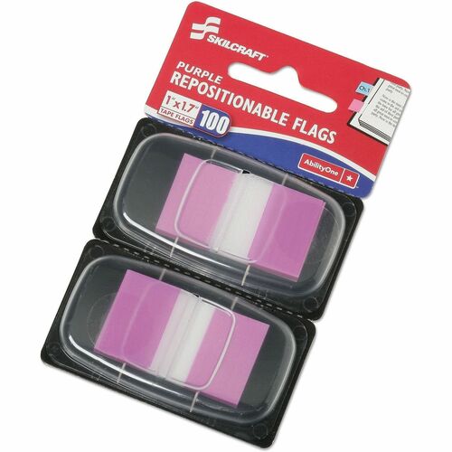 SKILCRAFT  Self Stick Flags, Repositionable,1"x1-3/4",100/PK,Purple