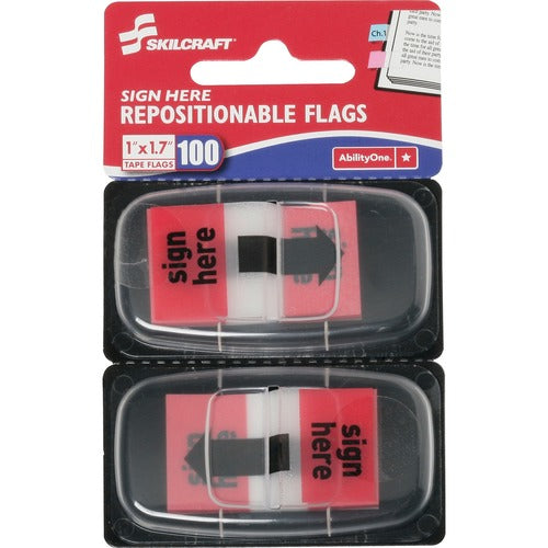SKILCRAFT  Self Stick Flag, "Sign Here", 1"x1-3/4",100/PK, Red