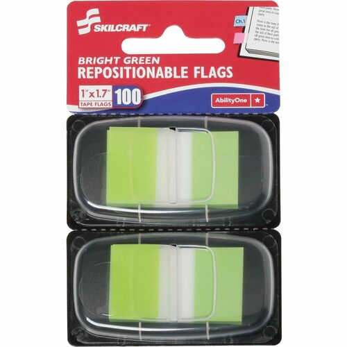 SKILCRAFT  Self-stick Flags,50/Dispenser,1"x1-3/4",100/PK,Bright GN