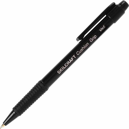 SKILCRAFT  Ballpoint Pen, Retract, Cushion Grip, Med Pt, BK Ink
