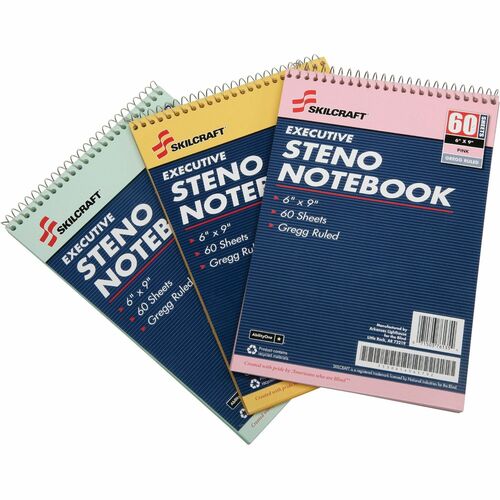 SKILCRAFT  Steno Notebooks, 60 Pages, Gregg Style, 6"x9", 3/PK, AST