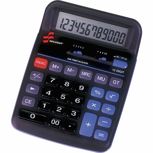 SKILCRAFT  12-Digit Desktop Calculator, Display, Dual-Powered, Black