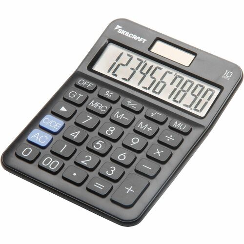 SKILCRAFT  10-Digit Calculator, Dual Powered, 3 Memory Keys, Black