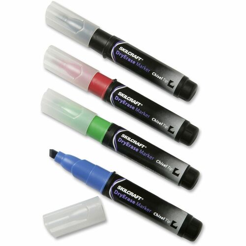 SKILCRAFT  Dry-Erase Markers, Low-Odor, Chisel Tip, 4/ST, BE/BK/RD/GN