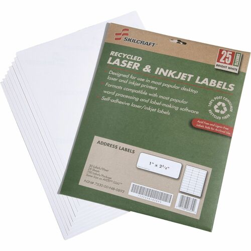 SKILCRAFT  Address Labels,Recycled,Inkjet/Laser,1"x2-5/8",750/PK,WE