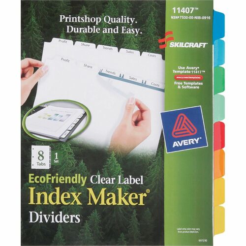 SKILCRAFT  Index Dividers,8 Tab,Laser/Inkjet,Single Set,8-1/2"x11",AST