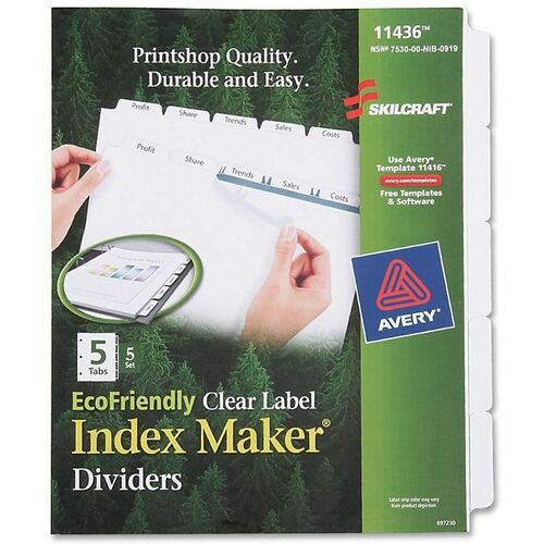 SKILCRAFT  Index Divider Makers, 5-Tab, 5/ Sets, White/AST