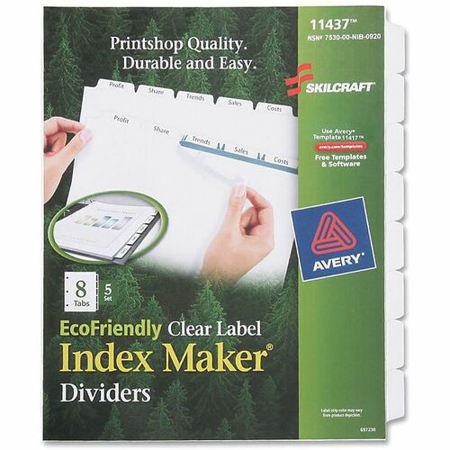 SKILCRAFT  Index Divider Makers, 8 Tab, 5 Sets, 8-1/5"x11", White