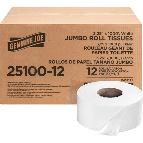 Genuine Joe  Bath Tissue Rolls, Jumbo, 2-Ply, 3-1/4"x1000', 12RL/CT, WE-GJO2510012