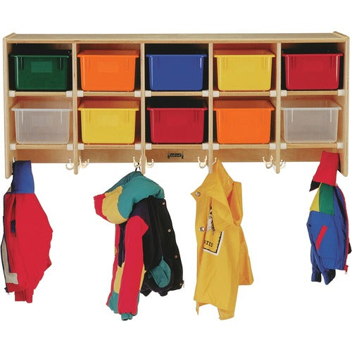 Jonti-Craft, Inc.  Wall Coat Locker,10 Section,Color Trays,48"x15-1/2"x20",Oak