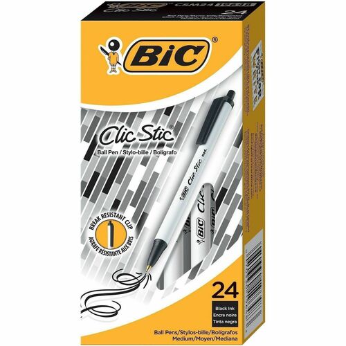 Bic  Clic Stic Pen, Medium Point, 24/BX, Black Ink/White Barrel