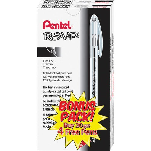 Pentel  Ballpoint Pen, Fine Point, 24/PK, Black Ink/Clear Barrel