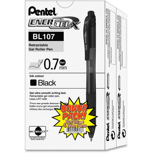Pentel  Gel Pen, Retractable, .7mm, Med Point,Metal Tip, 24/PK, BK